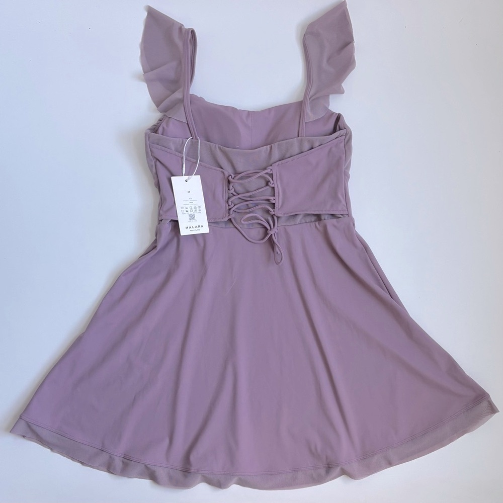 Halara Airy Softlyzero Ruffle Backless Lace Up Mesh Flare Mini Dress Elderberry - Picture 16 of 17